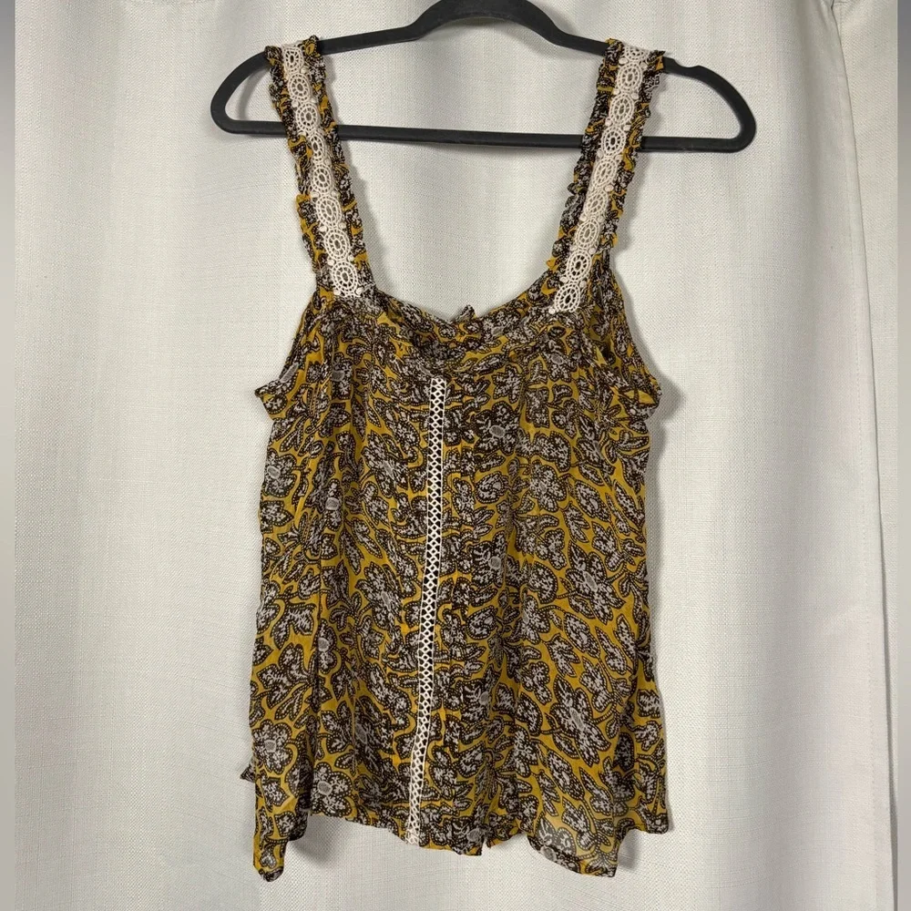 By Anthropologie Sleeveless Yellow and Brown Floral Crochet Bardot Blouse US 10 - Picture 8 of 16